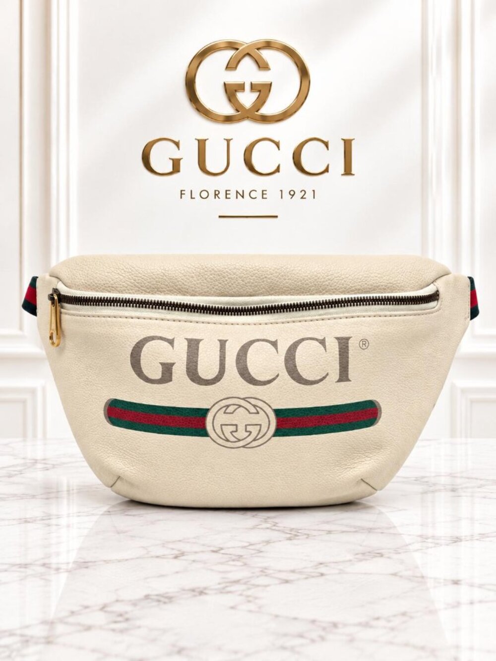 Authentic Gucci Logo Belt Bag Medium White Leather GG Waist Bag Crossbody